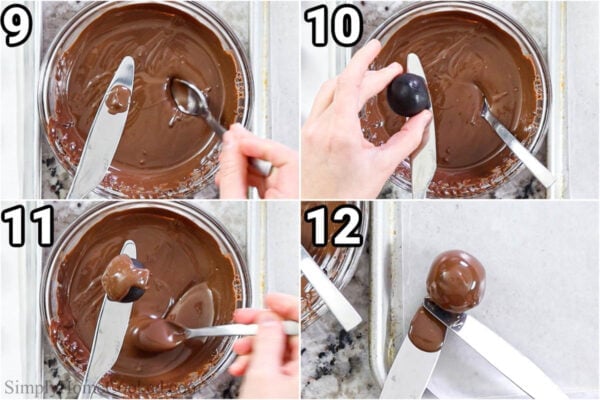 Steps to make Oreo Truffles: Using a butter knife and spoon, cover the truffles with melted chocolate.