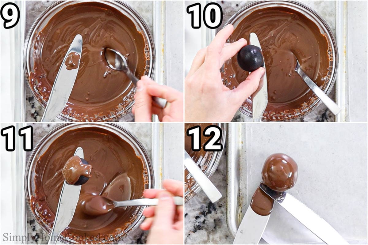 Steps to make Oreo Truffles: Using a butter knife and spoon, cover the truffles with melted chocolate. 