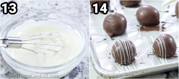 Steps to make Oreo Truffles: Melt the white chocolate candy melts and drizzle them over the Oreo Truffles.