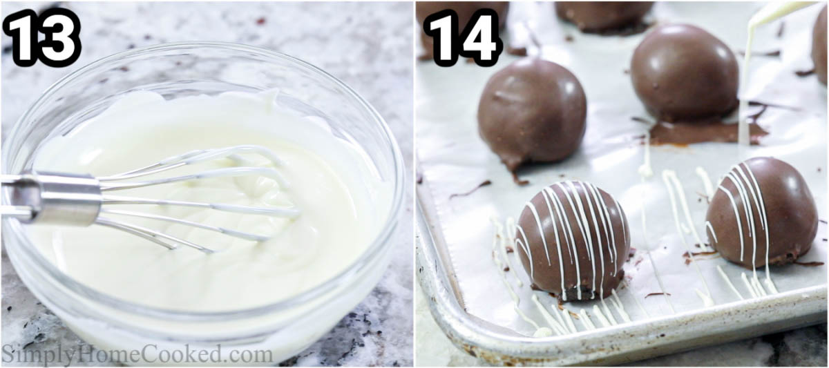 Steps to make Oreo Truffles: Melt the white chocolate candy melts and drizzle them over the Oreo Truffles.