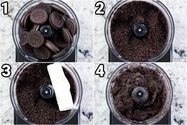 Steps to make Oreo truffles: Crush the Oreos in a food processor, then add the cream cheese and combine.