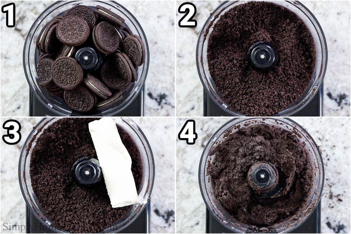 Steps to make Oreo truffles: Crush the Oreos in a food processor, then add the cream cheese and combine.