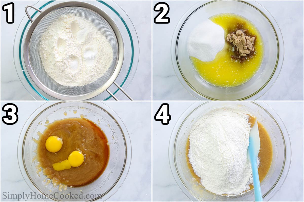 Steps to make White Chocolate Macadamia Nut Cookies, including sifting the dry ingredients and mixing the butter and sugars together,