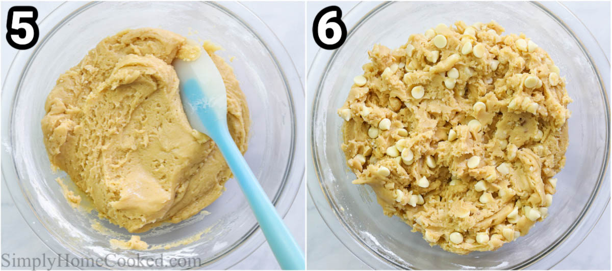 Steps to make White Chocolate Macadamia Nut Cookies, including adding the white chocolate chips and macadamia nuts and mixing with a spatula.