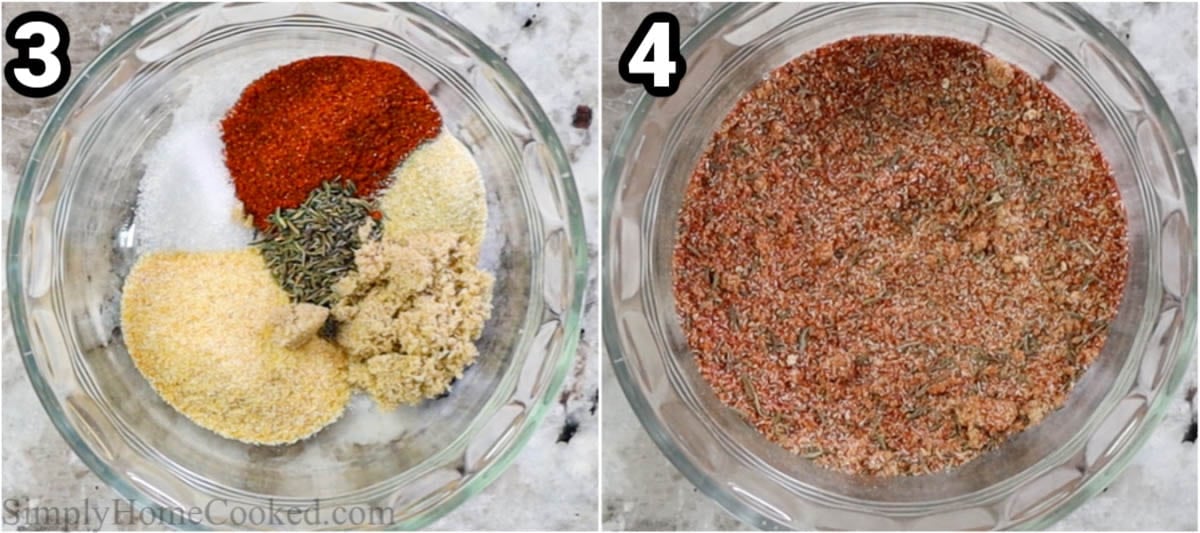 Steps to make Air Fryer Chicken Thighs, including mixing together the seasonings.
