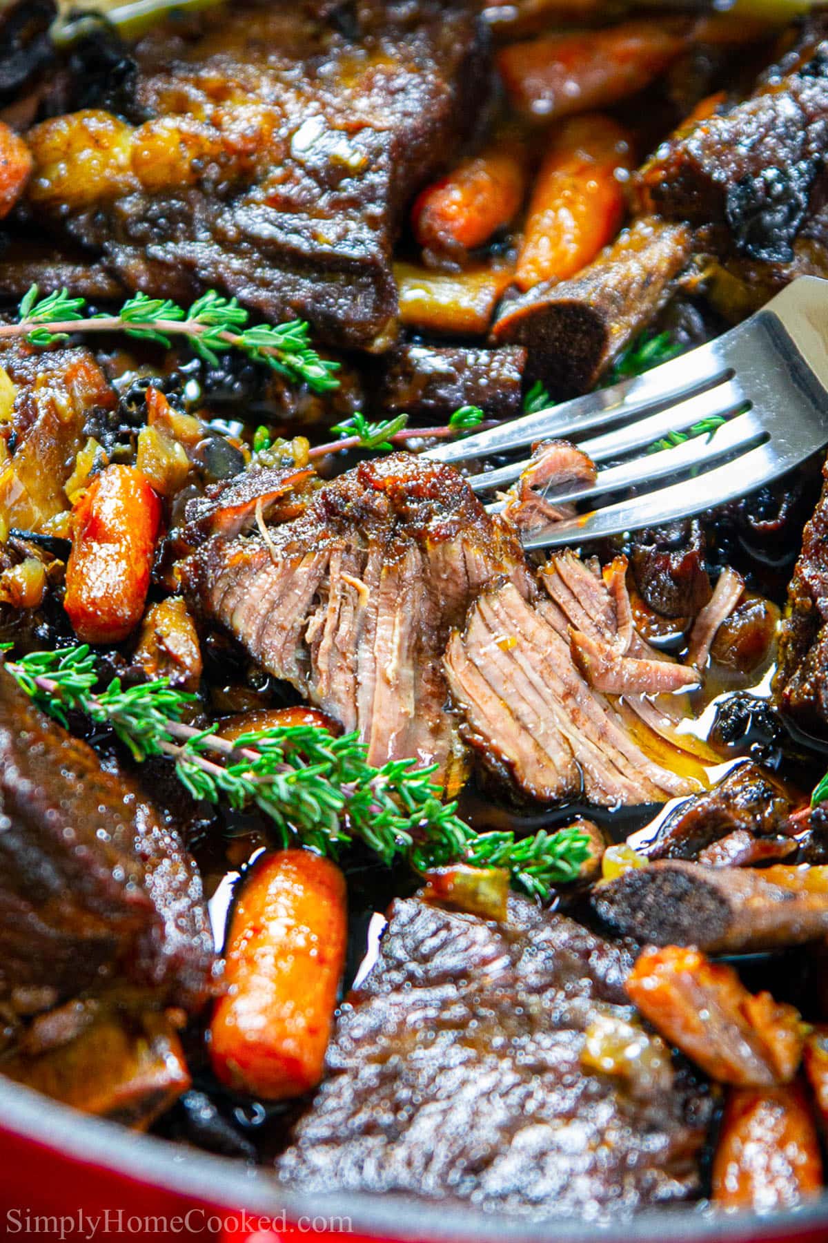 This braised beef short ribs recipe is fall off the bone tender and melt in your mouth delicious. It's the perfect comfort food on a cold winter day. #braisedbeef #shortribs #beefshortribs #comfortfood #winterfood Vertical close up image of Braised Beef Short Ribs on a fork