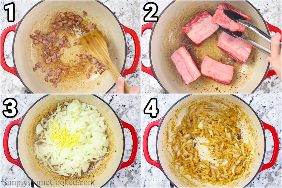 Steps to make Braised Beef Short Ribs, including sauteing the bacon, browning the short ribs, and then sauteing the garlic and onion.