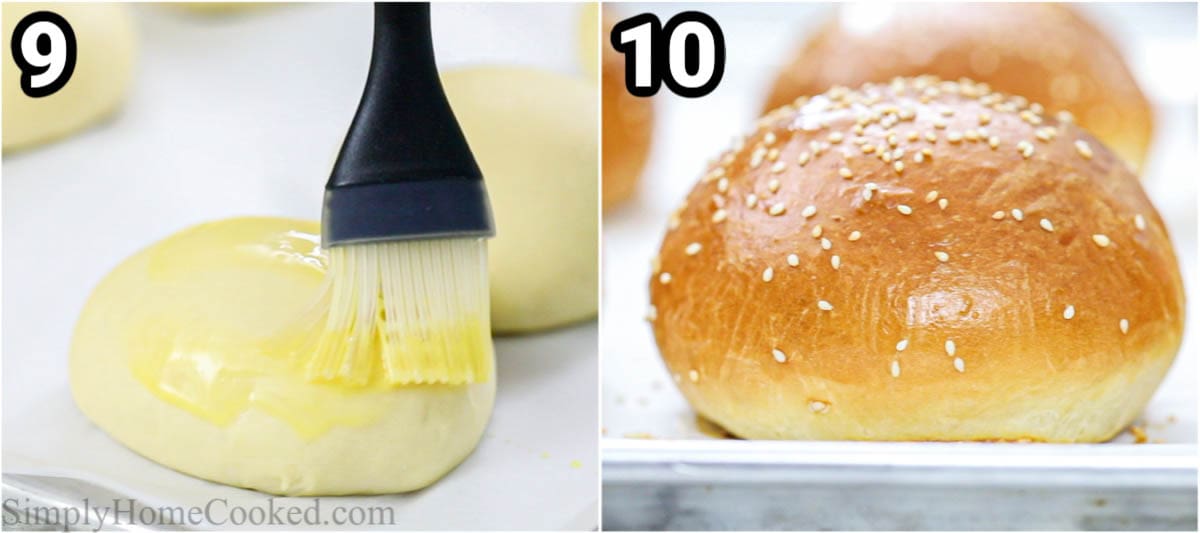 Steps to make Brioche Buns, including brushing on egg wash and topping with sesame seeds before baking them.