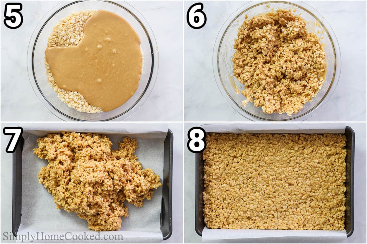 Steps for making Scotcheroos, including combining the cereal and peanut butter mixture, then spreading it out in a baking dish.