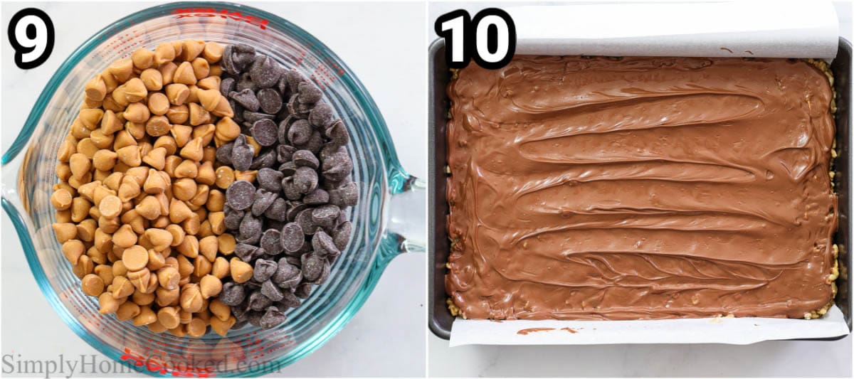 Steps for making Scotcheroos, including melting the butterscotch and chocolate and then spreading it on top.