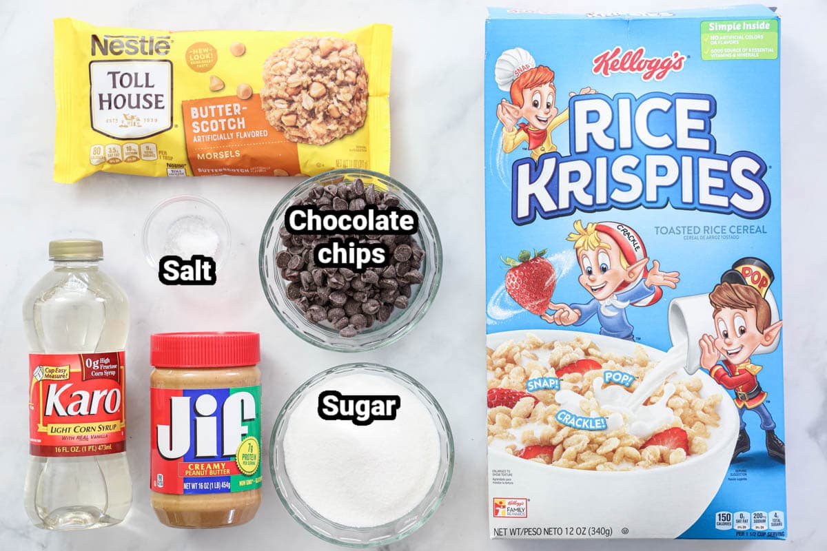 Ingredients for Scotcheroos, including Rice Krispies cereal, butterscotch morsels, chocolate chips, salt, peanut butter, light corn syrup, and sugar.