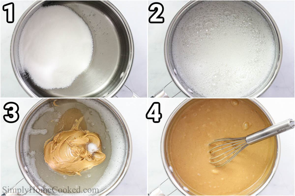 Steps for making Scotcheroos, including simmering the sugar mixture and then adding the salt and peanut butter, whisking everything together.