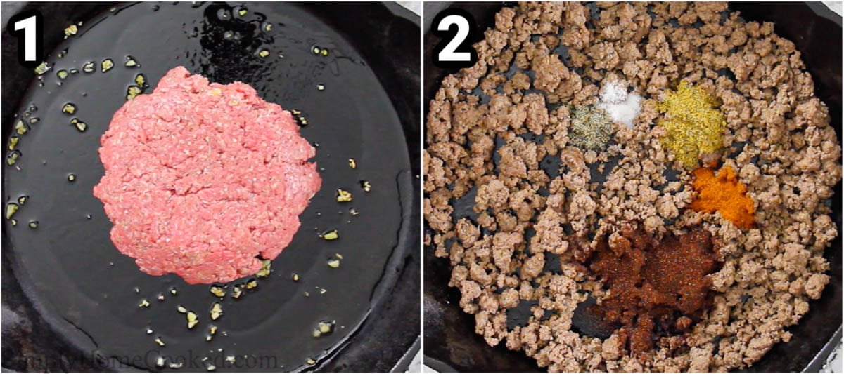 Steps to make Taco Salad Recipe, including sauteing the garlic and cooking the beef in a cast iron skillet, then seasoning it.
