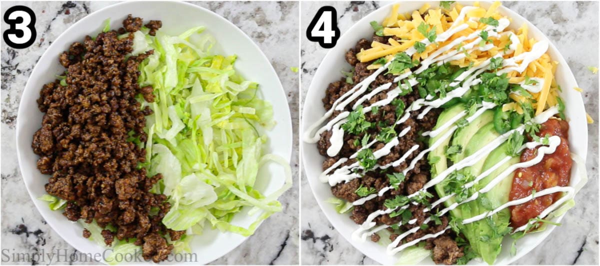 Steps to make Taco Salad Recipe, including assembling it with the beef and lettuce, then all the toppings.