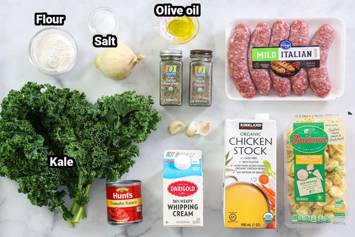 Ingredients for Tortellini Soup, including kale, sausage, flour, salt, pepper, oil, Italian seasoning, onion, garlic cloves, chicken stock, heavy cream, tomato sauce, and tortellini.
