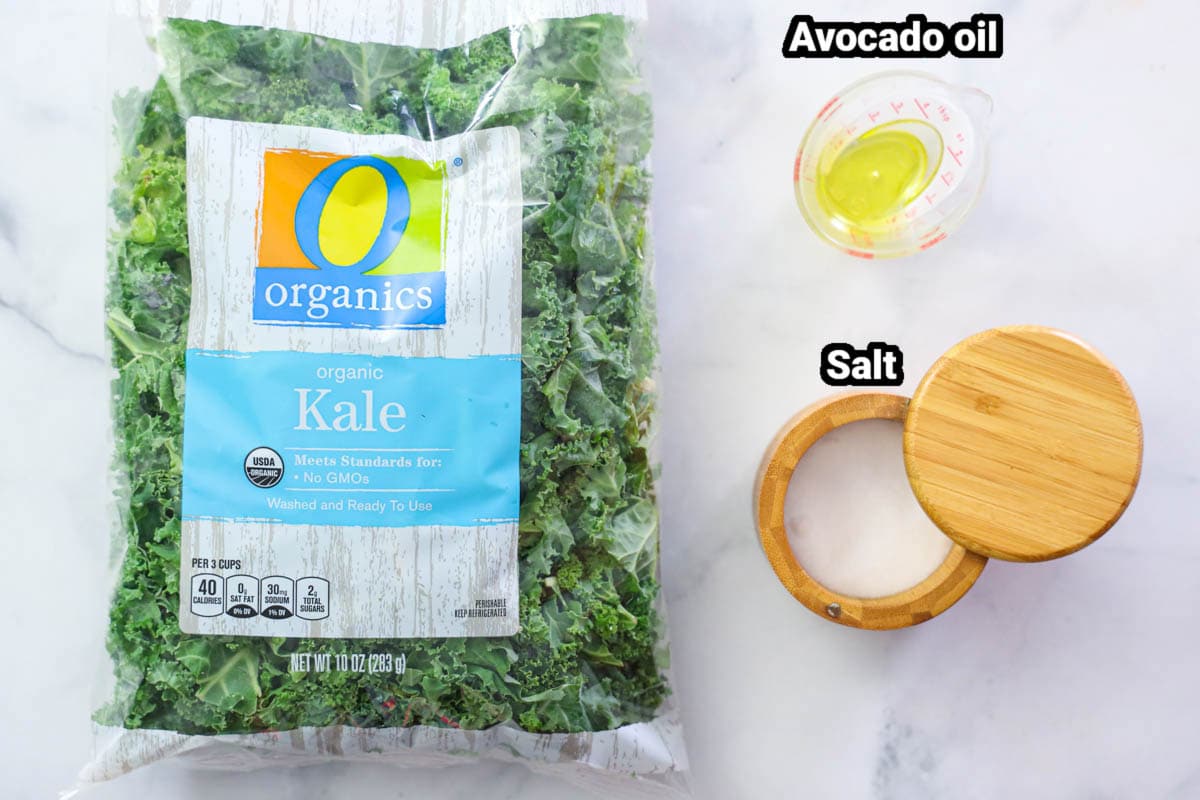 Ingredients for Air Fryer Kale Chips, including kale, avocado oil, and salt