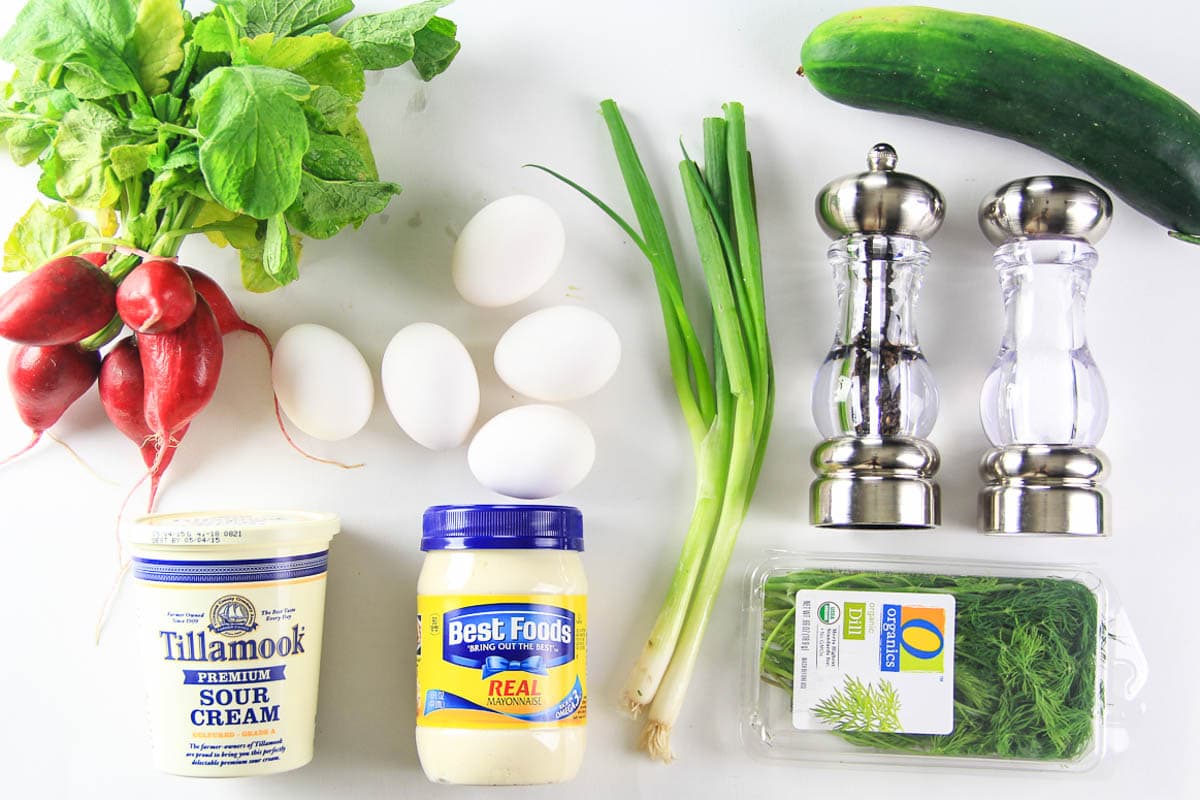 Ingredients for Cucumber Radish Salad, including cucumber, radishes, green onions, salt, pepper, mayo, sour cream, and fresh dill.
