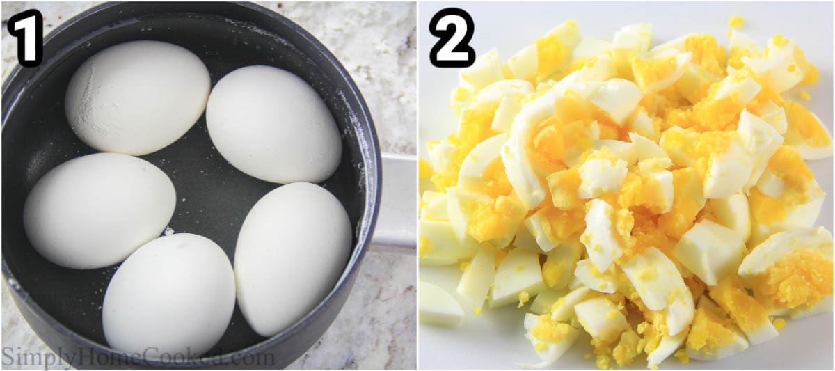 Steps to make Cucumber Radish Salad, including boiling the eggs and then peeling and chopping them.