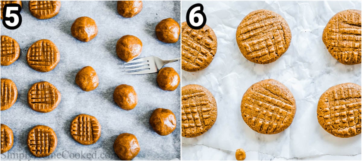 Steps to make Keto Peanut Butter Cookies, including rolling the dough into balls, then pressing a fork into them to create a hashtag on top of each.