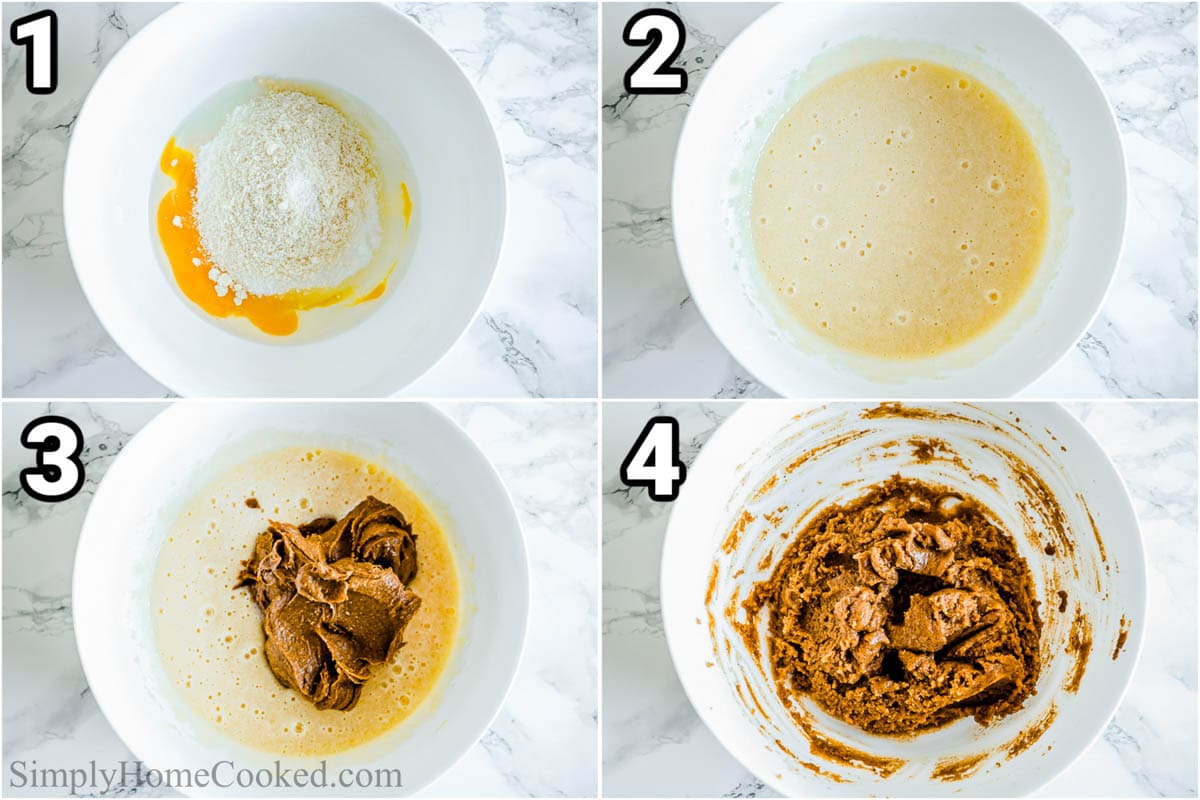 Steps to make Keto Peanut Butter Cookies, including mixing the ingredients together, then adding the peanut butter.