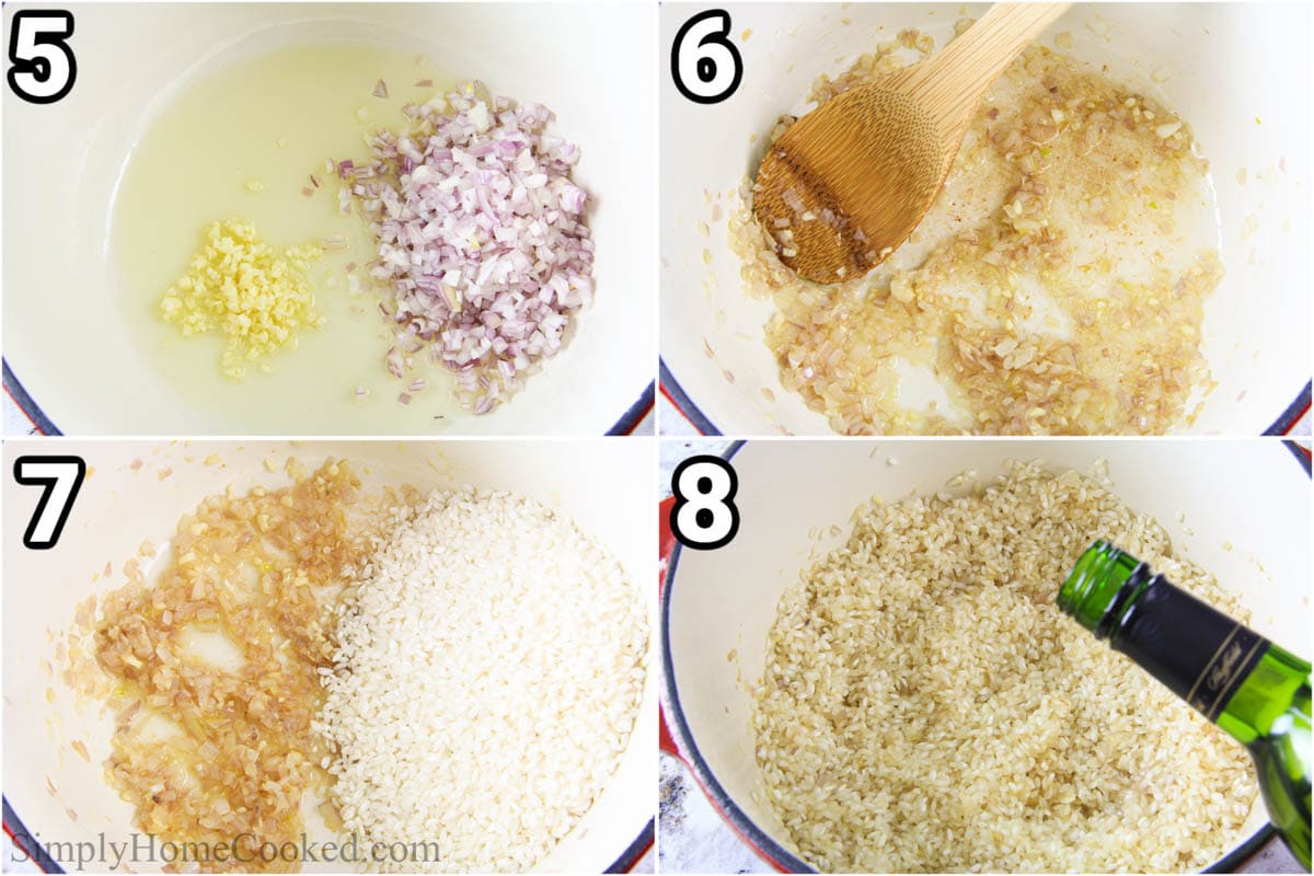 Steps to make Mushroom Risotto with Chicken, including sauteeing the shallot and garlic in a pot, then adding the rice and  sherry.