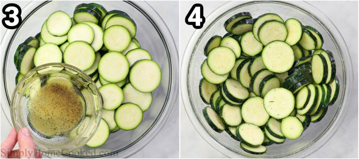 Steps to make Air Fryer Zucchini, including slicing the zucchini and mixing it with the oil and seasonings in a large bowl