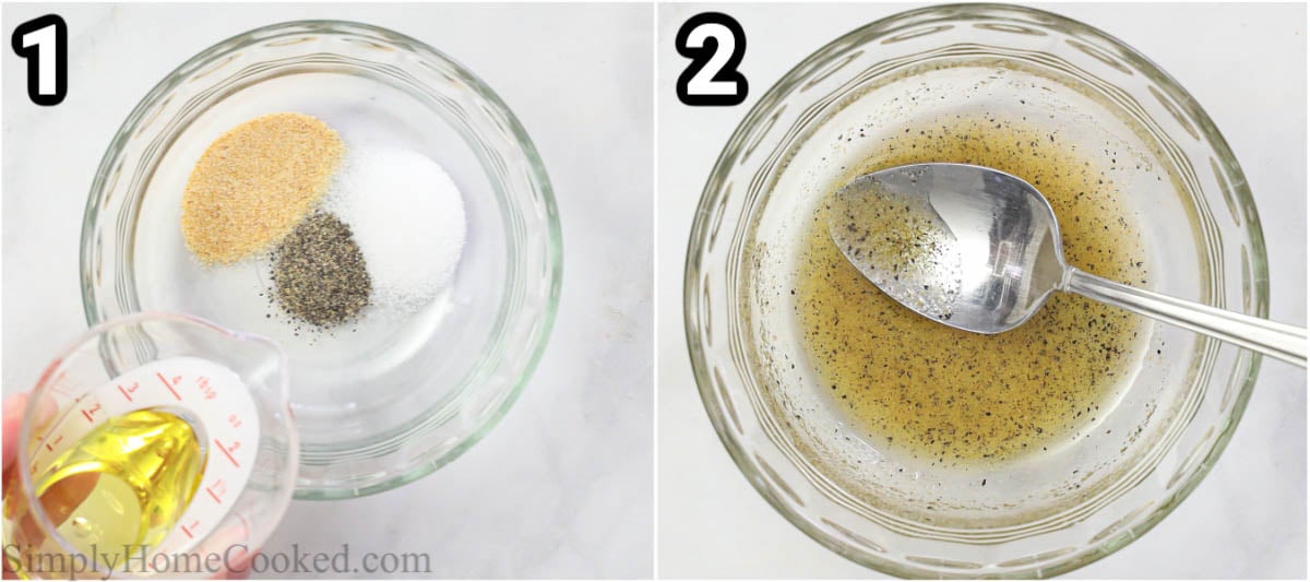 Steps to make Air Fryer Zucchini, including mixing the oil and seasonings in a bowl with a spoon.