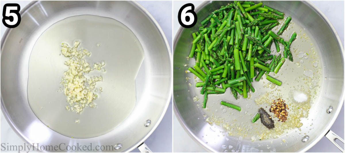 Steps to make Asparagus Pasta, including sauteing the garlic, salt, pepper, and red pepper flakes in olive oil with the asparagus.