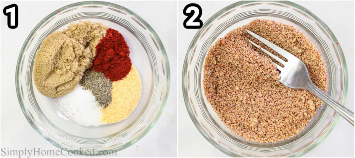 Steps to make Bacon Wrapped Chicken, including mixing the spice rub in a small bowl with a fork.