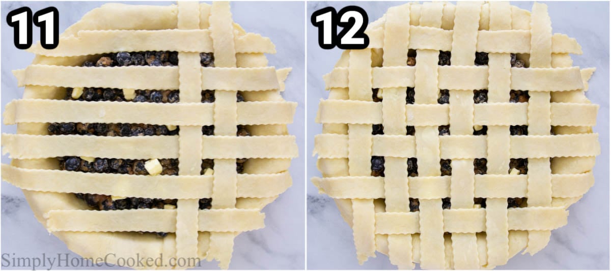 Steps to make Blueberry Pie, including lacing the lattice strips over the top of the pie.