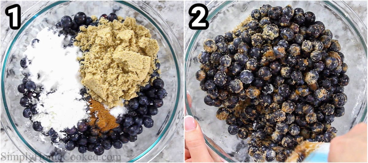 Steps to make Blueberry Pie, including mixing the blueberries with the filling ingredients in a bowl.