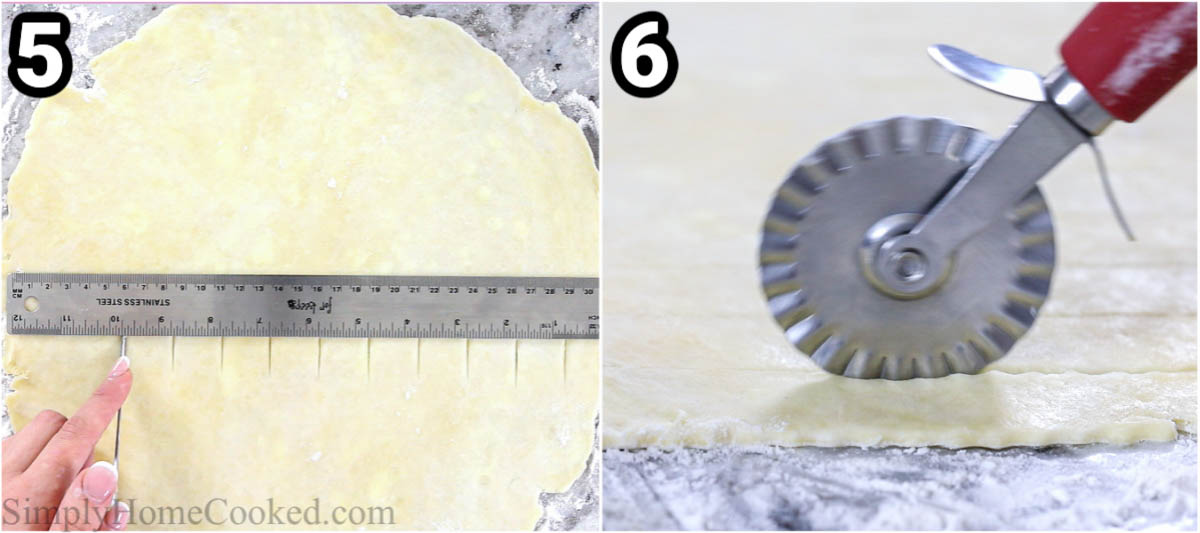 Steps to make Blueberry Pie, including measuring the pie dough with a ruler and then cutting out the lattice crust strips with a pastry wheel.