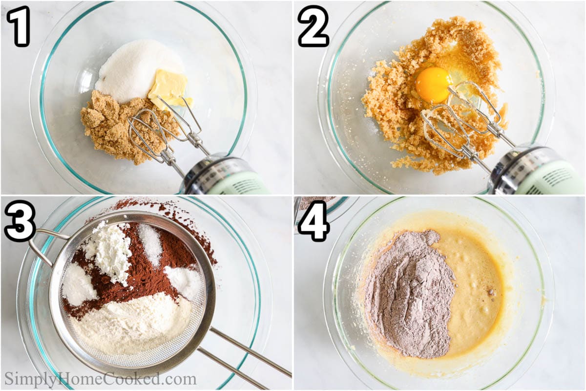Steps to make Chocolate Donuts, including mixing the wet ingredients, then sifting the dry, and combining for the donut dough.