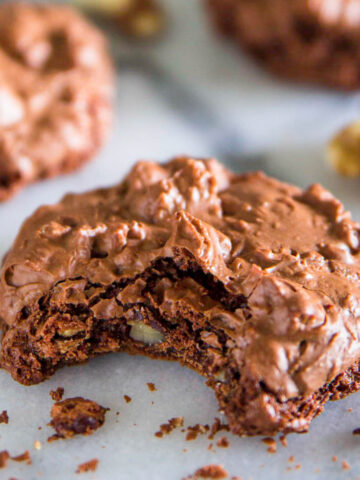 Closeup of a Chocolate Meringue Cookie missing a bite