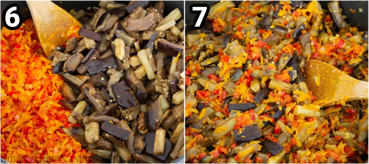 Steps to make Eggplant Salad, including combining the vegetables with the eggplant and tossing with sweet chili sauce.