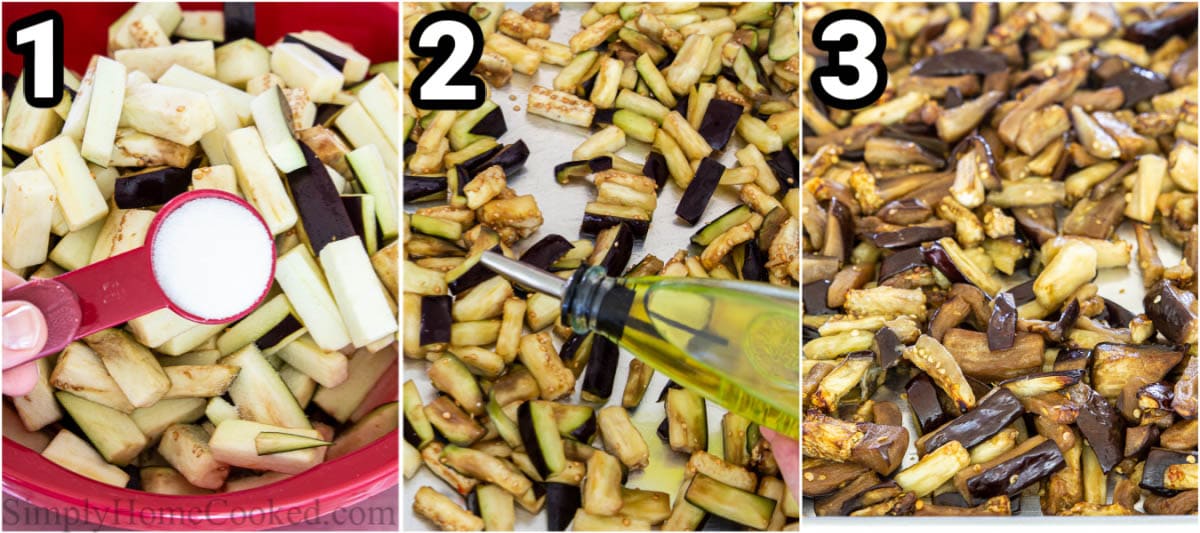 Steps to make Eggplant Salad, including chopping and salting the eggplant, then draining it, and finally drizzling it with olive oil and roasting.