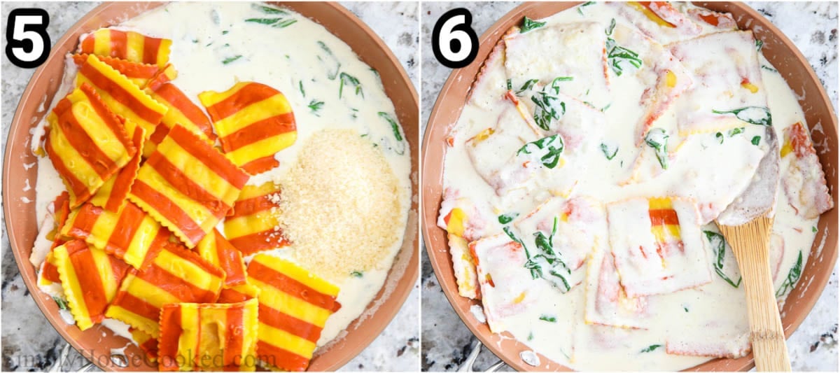 Steps to make Lobster Ravioli, including  adding the cooked lobster ravioli to the creamy sauce and stirring with a wooden spoon.