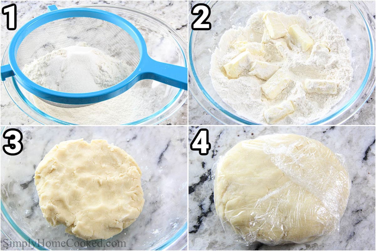 My Peach Galette Recipe is a wonderfully simple pastry that has the sweetness of peaches with a light flaky crust that rivals your favorite bakery. #peachgalette #galette #summerpie #summerdessert #peachpie #peachdessert Steps to make Peach Galette Recipe, including sifting and mixing the crust ingredients and forming a disk from the dough.