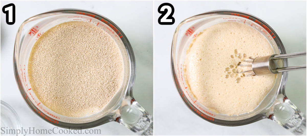 Steps to make Glazed Air Fryer Donuts: froth the yeast in a measuring cup, mixing with a whisk.