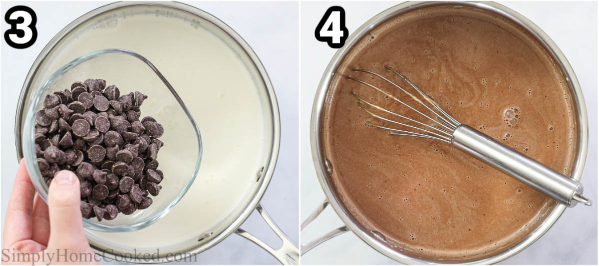 Steps to make Chocolate Creme Brulee, including melting the chocolate chips in the heavy cream, whisking them together in a pot.