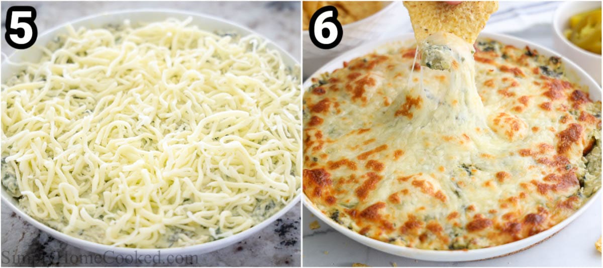 Steps to make Hot Artichoke Dip, including putting the dip in a bowl and then baking until golden brown, dipping into it with a tortilla chip.