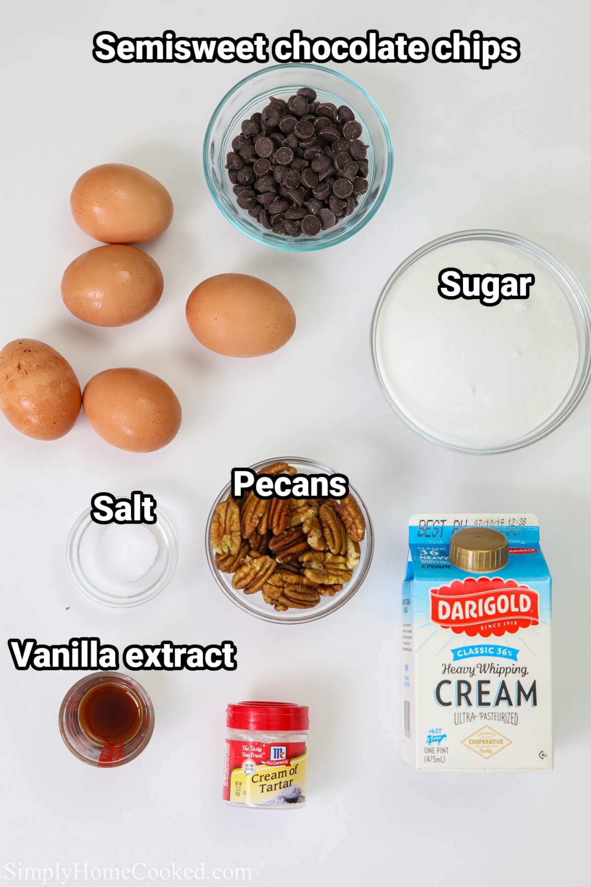Ingredients for Mini Pavlova Recipe with Chocolate, including heavy cream, vanilla, cream of tartar, pecans, semisweet chocolate, eggs, salt, and sugar.