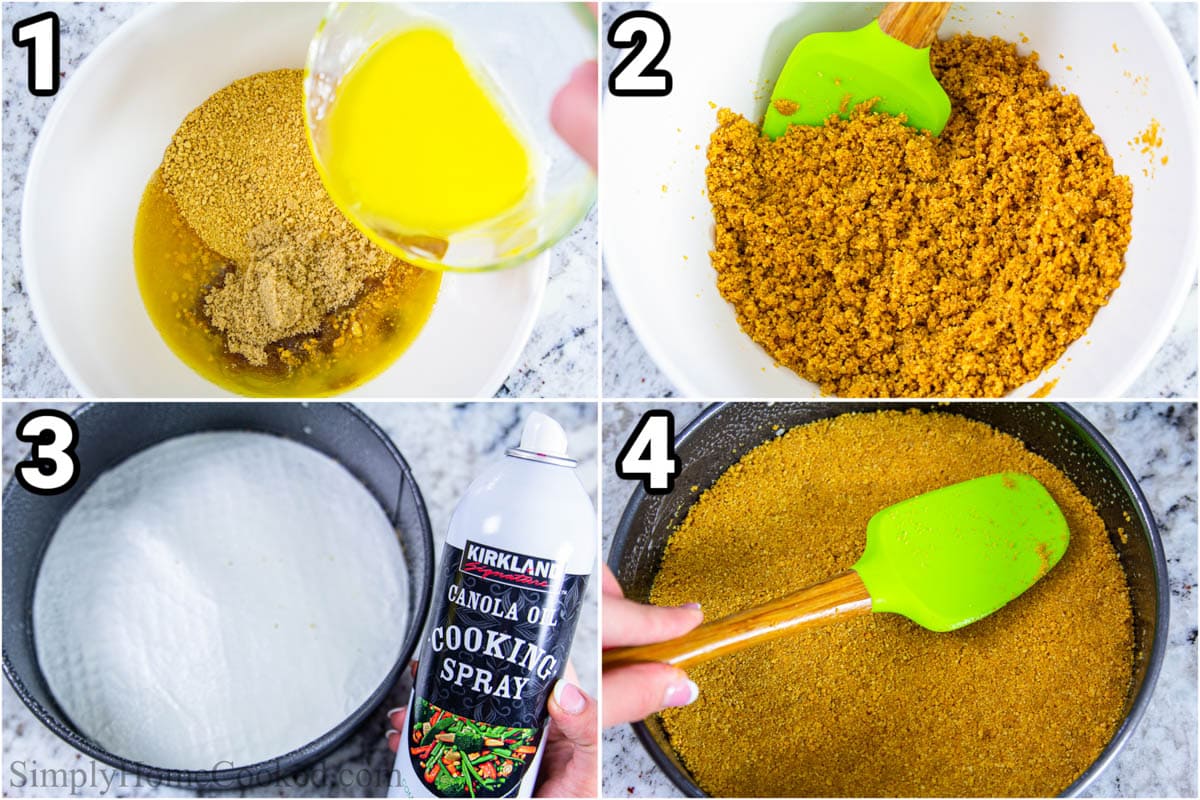 Steps to make New York Style Cheesecake, including making the crust and then pressing it into a springform pan.