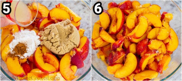Steps to make this Peach Crisp, including adding the filling ingredients to the peaches and mixing together in a large bowl.