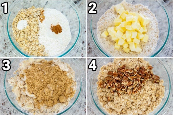 Steps to make this Peach Crisp, including combining the topping ingredients, and cutting in the butter with a pastry cutter, and finally mixing in the pecans.