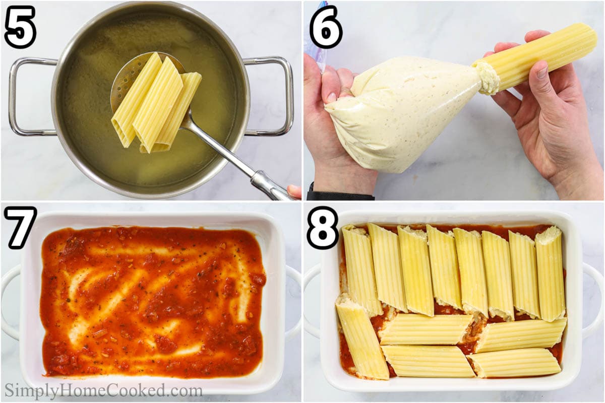 Steps to make Stuffed Manicotti, including cooking the manicotti shells, then piping in the filling, covering the baking dish with sauce, then topping it with the manicotti.