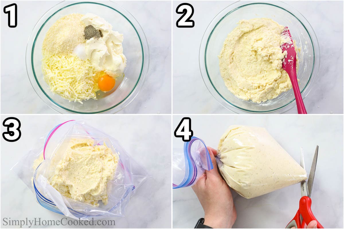Steps to make Stuffed Manicotti, including making the cheese filling and adding it to the piping bag, then snipping off the end with a scissor.