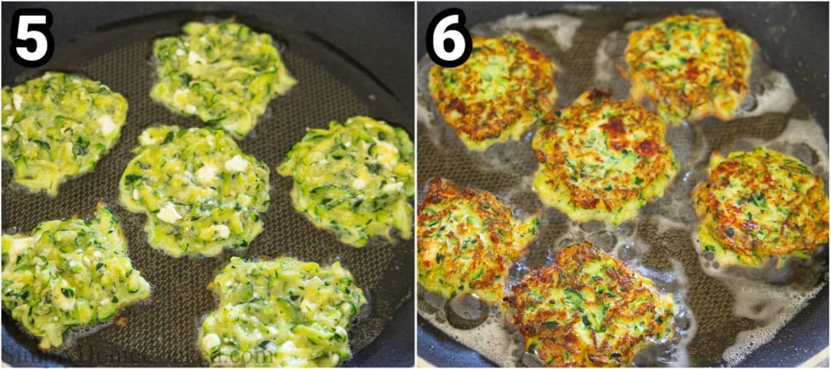 Steps to make Zucchini Fritters, including frying the fritters in oil in a skillet until golden brown.