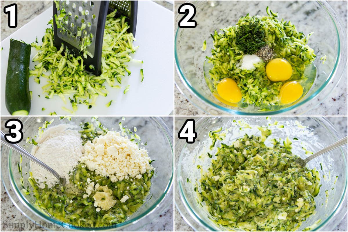 Steps to make Zucchini Fritters, including grating the zucchini on  box grater and then mixing the ingredients for the fritters with a spoon in a bowl.