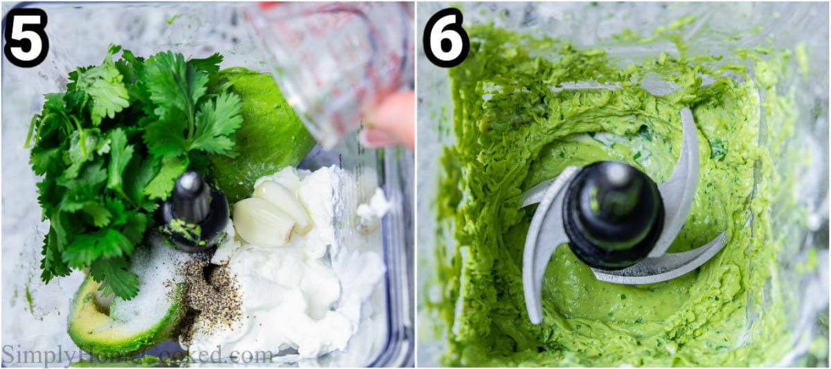 Steps to make chipotle burgers with avocado sauce, including making the avocado sauce in a food processor.